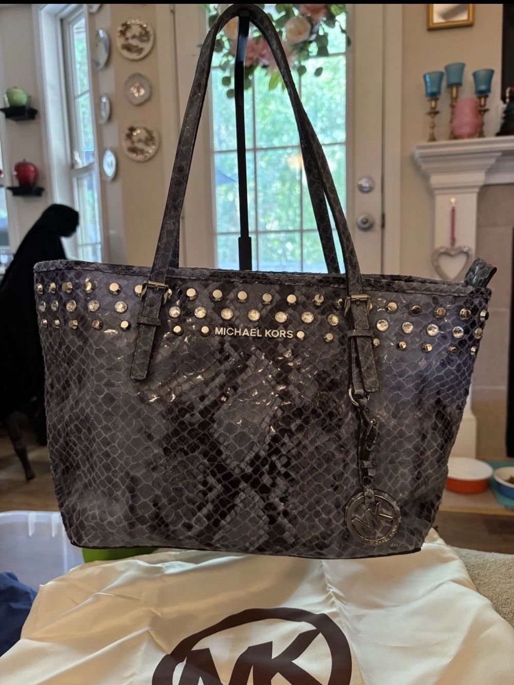 Michael Kors Black Studded Python-Effect Tote